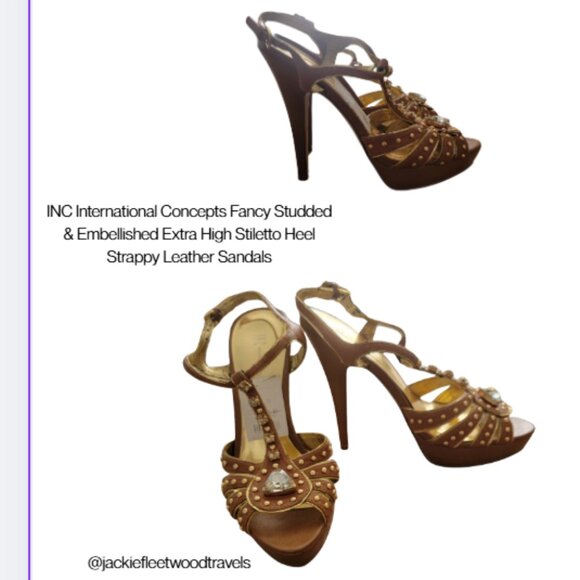 INC International Concepts Shoes - 6" Fancy Studded & Embellished Extra High Heel Strappy Leather Stiletto Sandals